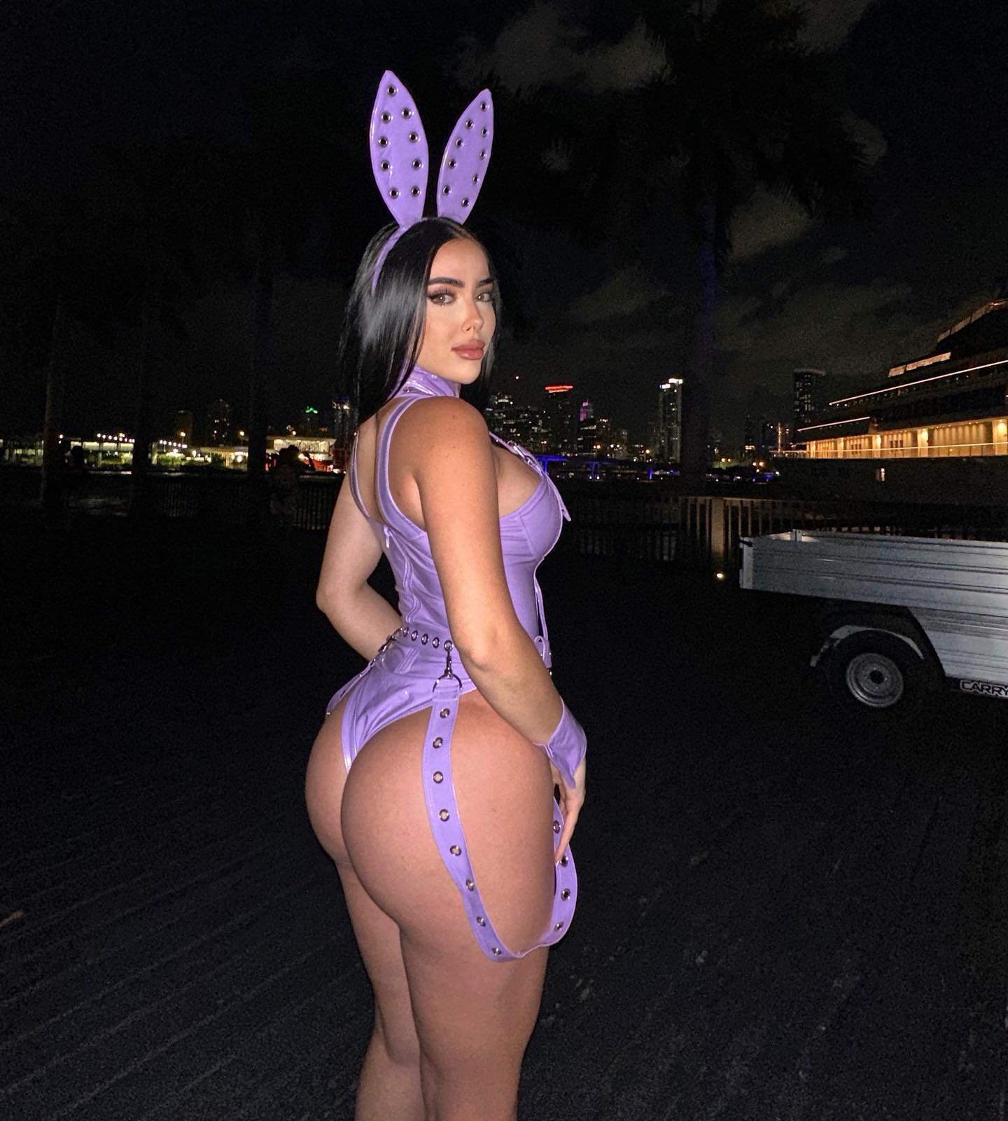Профильный вид: женщина в фиолетовом боди с ушками, перчатках и подвязках стоит ночью на фоне городского силуэта.